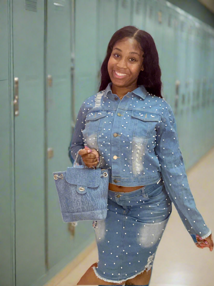 Pearl Glam Denim Skirt Sets