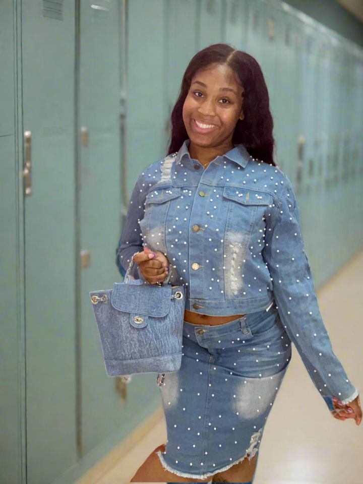 Pearl Glam Denim Skirt Sets